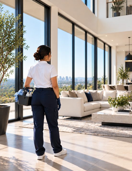 Cleaner overlooking a bright, newly finished home