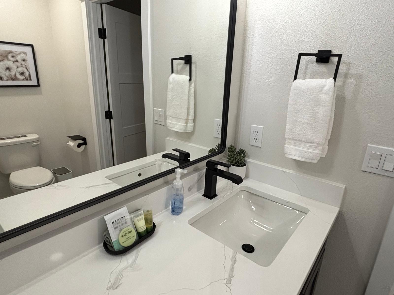 Bathroom vanity with black fixtures, mirror and fresh towel