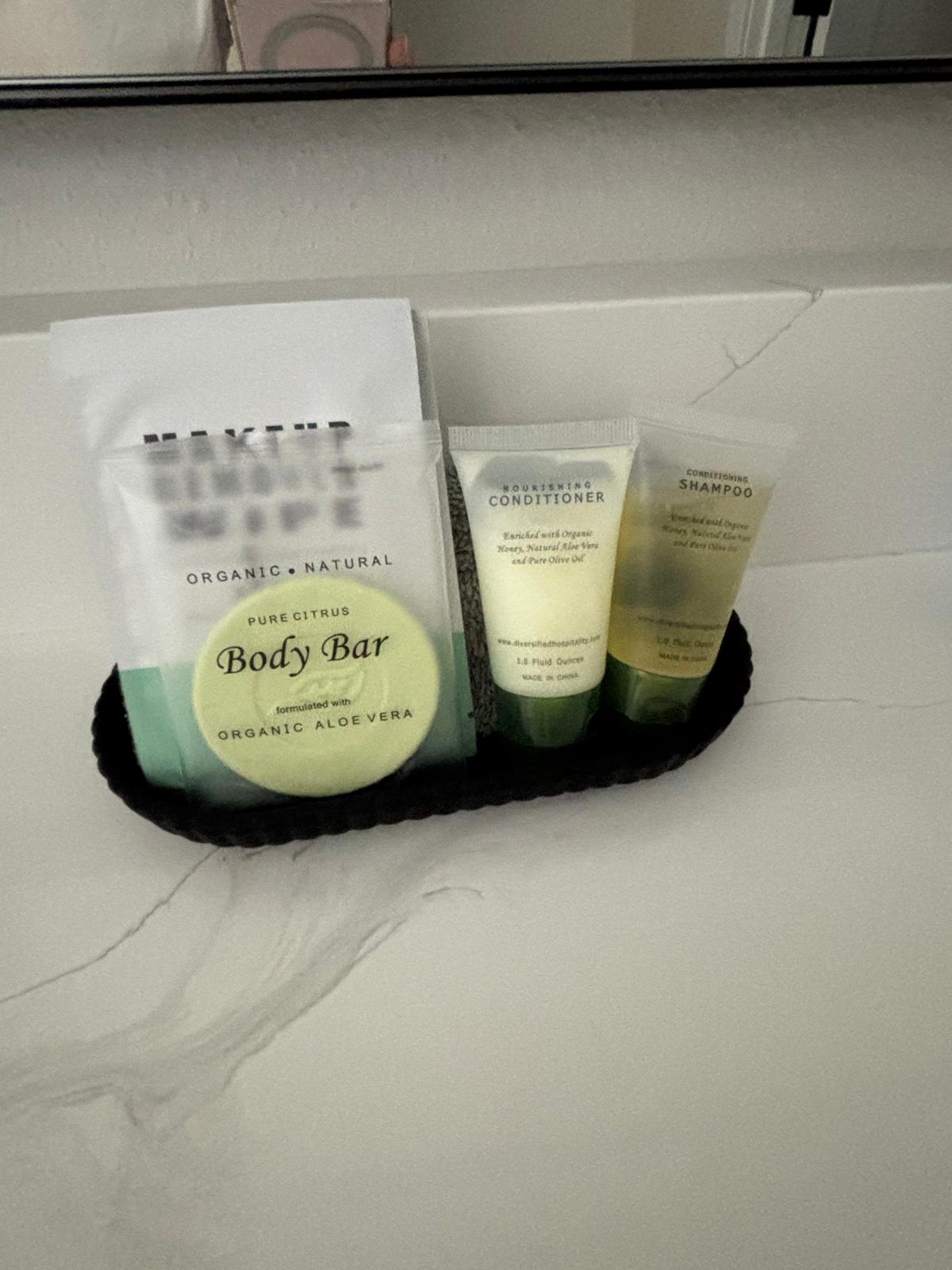 Guest toiletries displayed on a clean counter